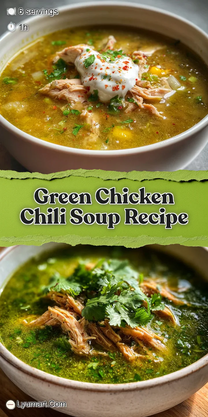 Close-up of bright green chicken chili showcasing tender chicken pieces and a thick, comforting broth with herbs and spice...