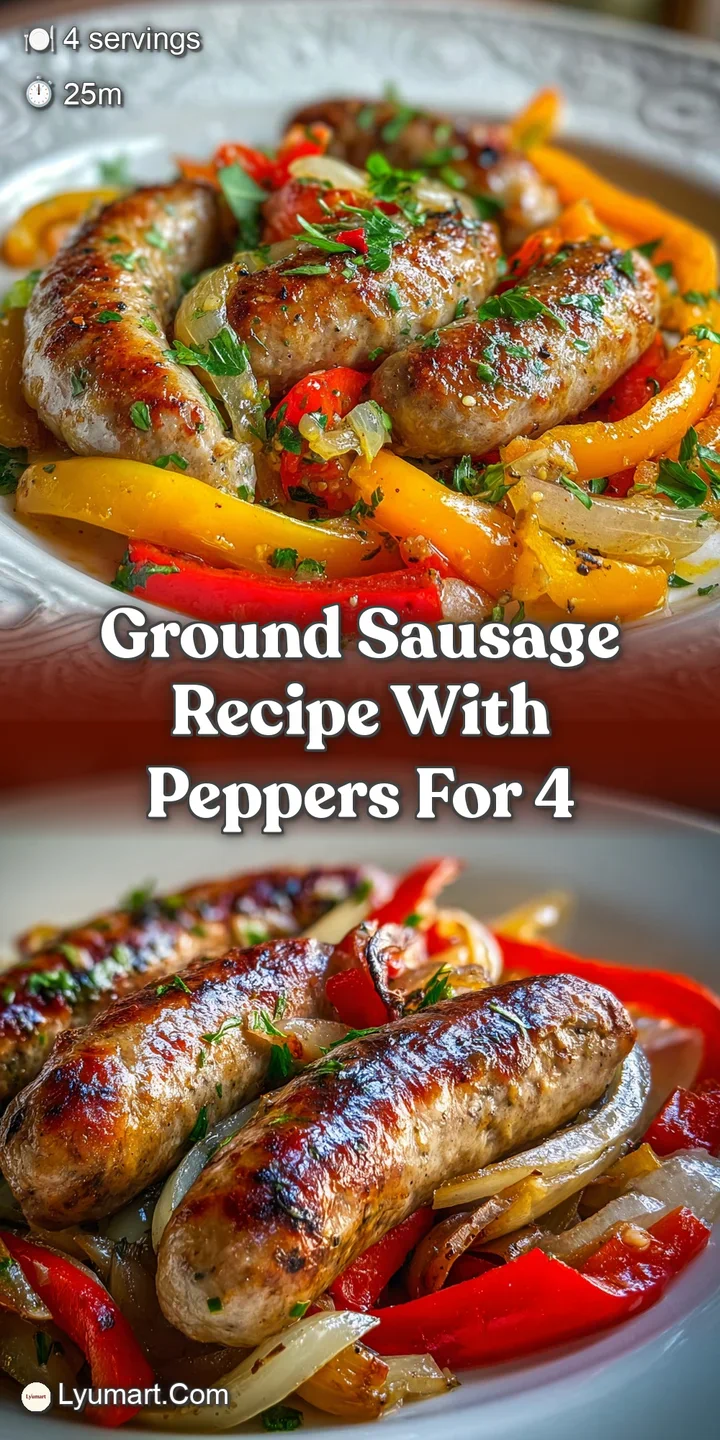 Close-up of browned ground sausage with softened, vibrant bell peppers. A juicy, savory mix with flecks of herbs visible.