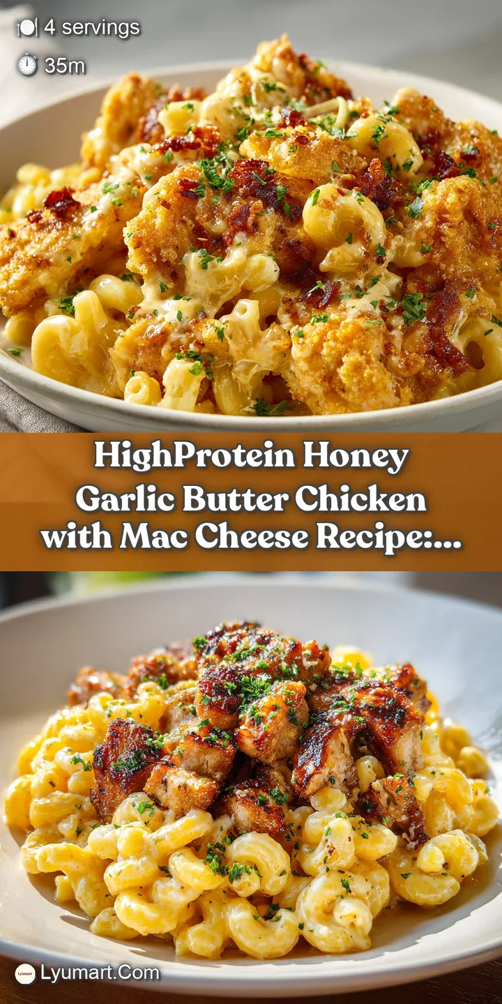 Close-up of honey-glazed chicken; garlic flecks and shimmer catch the light. Mac and cheese peeks invitingly from underneath.