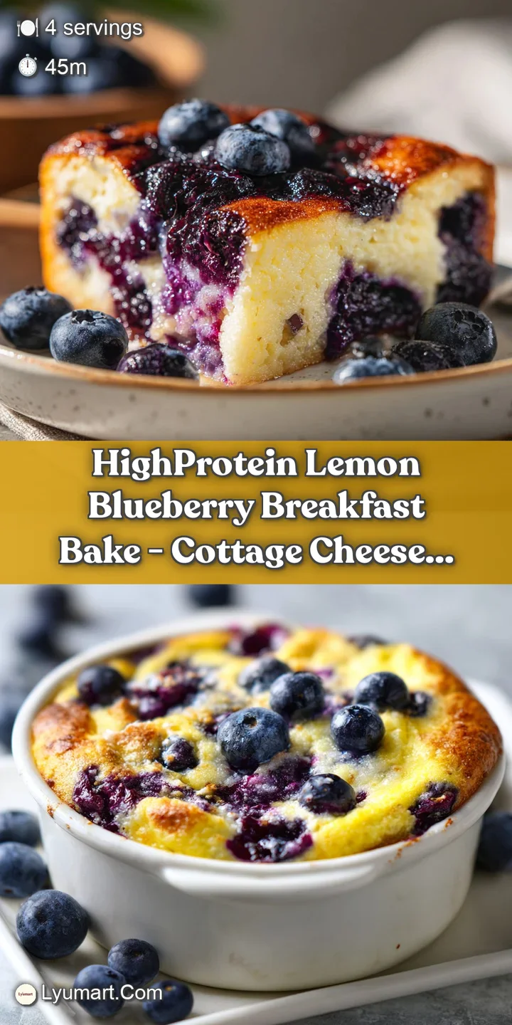 Close-up of a moist lemon blueberry breakfast bake, revealing plump blueberries and a slightly crisp, golden crust; undeni...