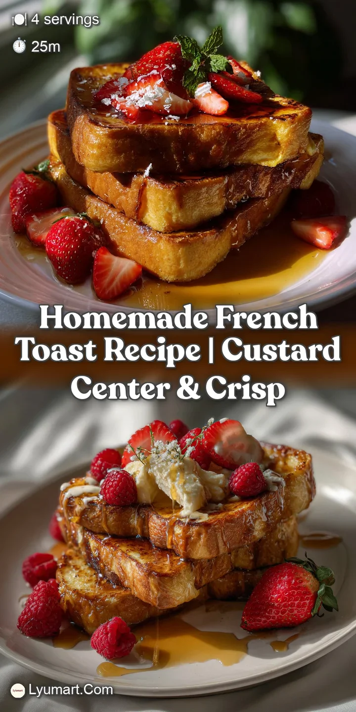 Close-up of a perfectly cooked French toast slice, with a custardy interior, showing a rich, golden color, inviting and de...