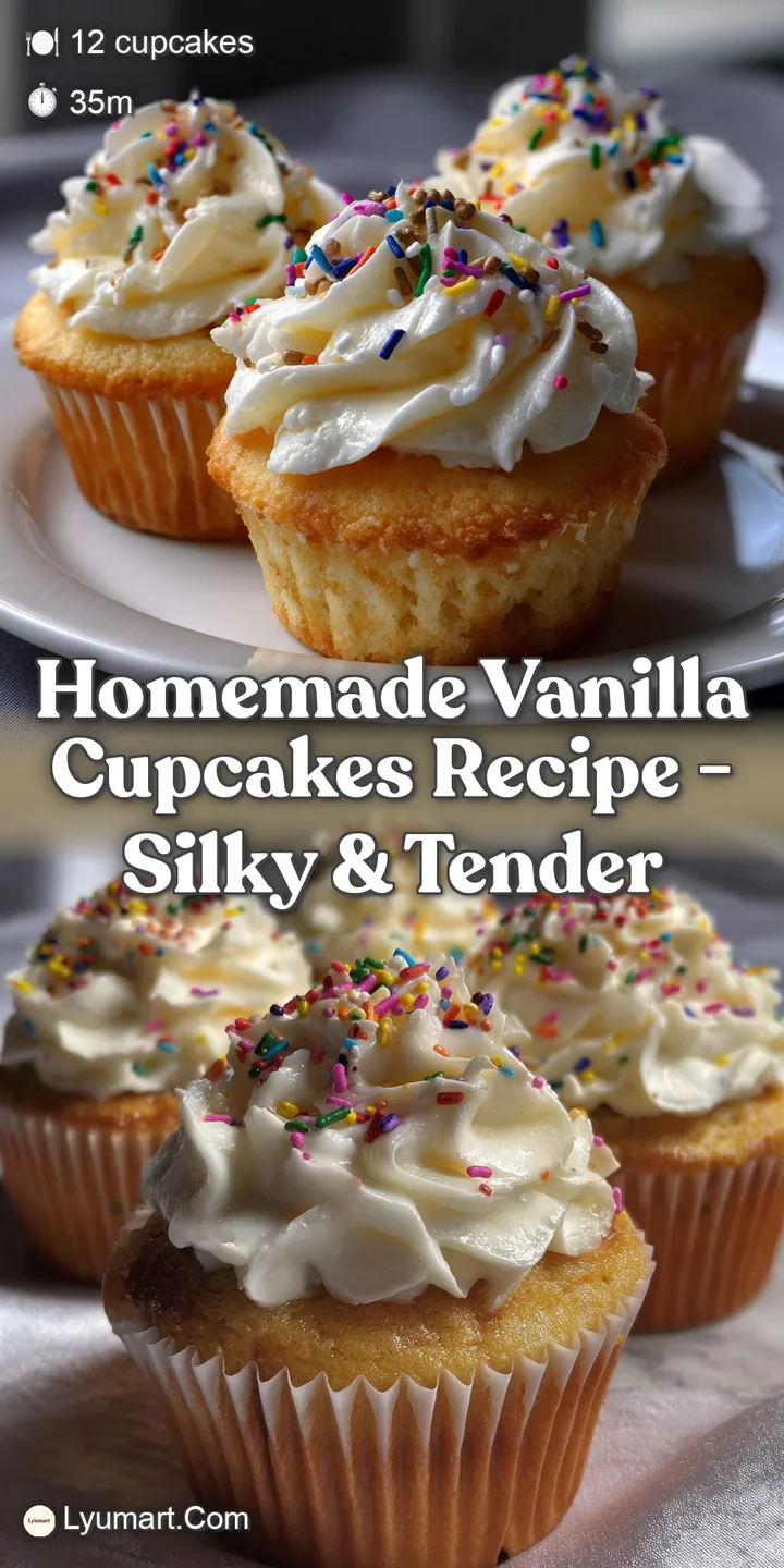 Close-up of a single vanilla cupcake, revealing a moist interior, swirled frosting, and a sprinkle of colorful sprinkles.