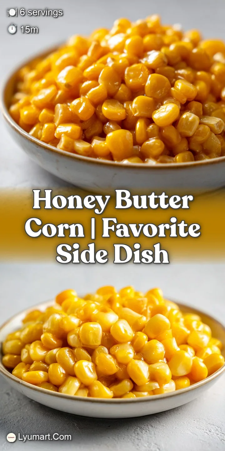 Macro shot of glistening yellow corn kernels mixed with creamy white melted cheese and a glossy honey glaze.