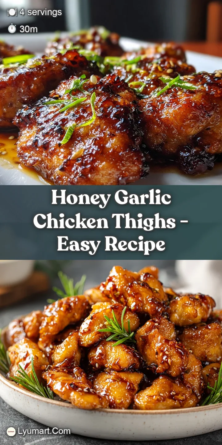 Close-up shot of a honey garlic chicken thigh with a rich, dark glaze. Crispy edges and juicy interior are the focal point...