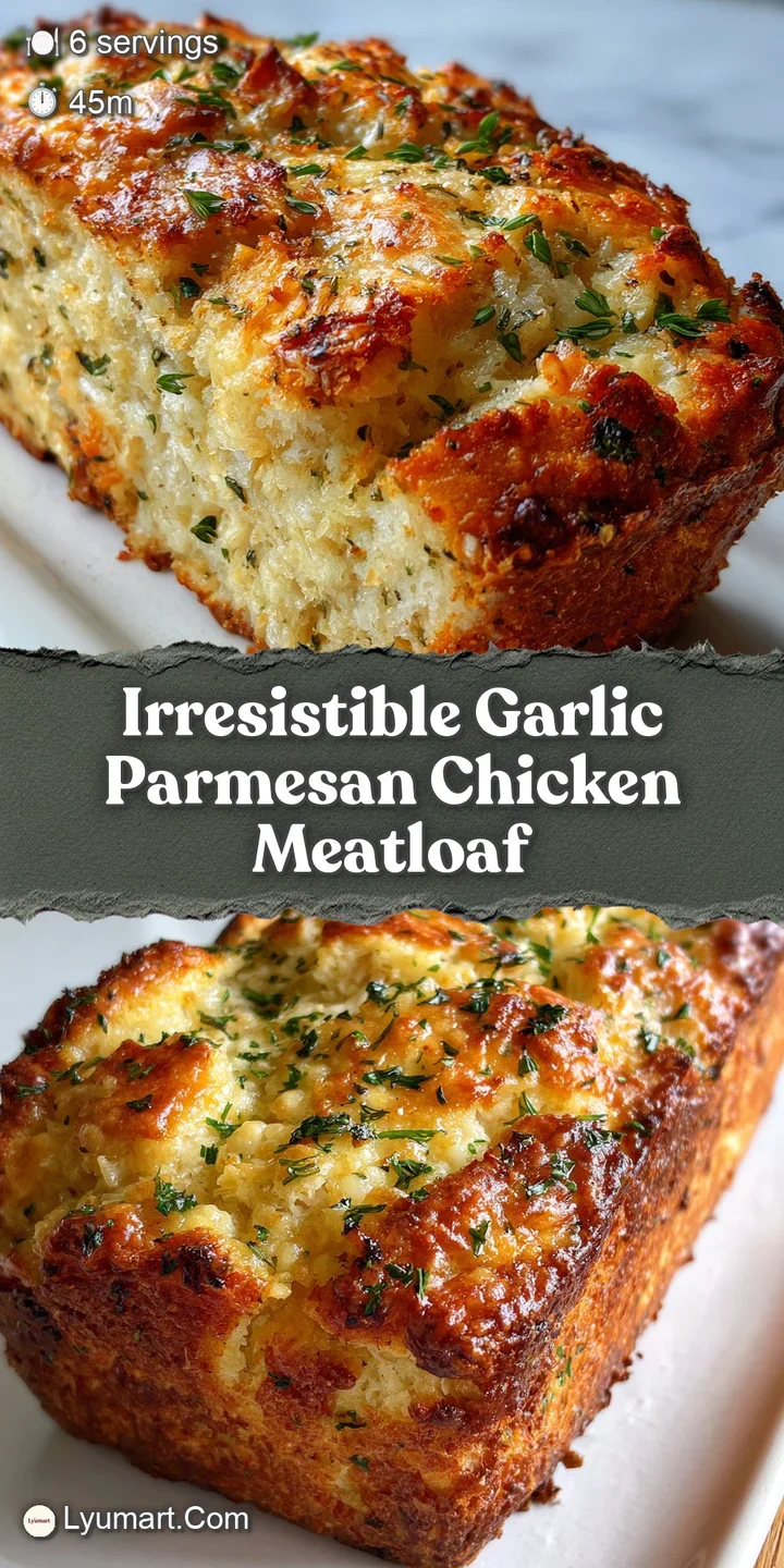 Close-up of glistening meatloaf, showing its juicy interior and the golden-brown, bubbling Parmesan crust. Visible flecks ...