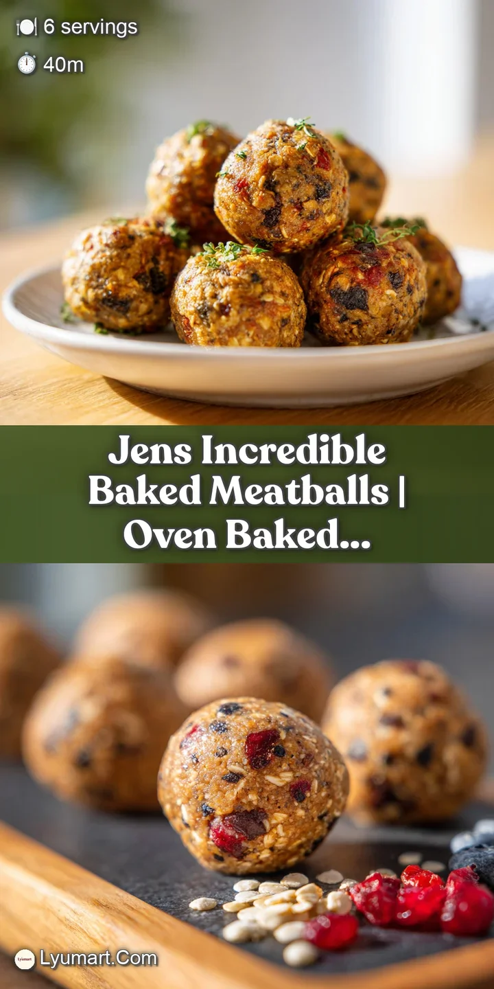 Close-up of a glistening baked meatball, showing browned bits, sauce clinging to the surface, and visible flecks of herbs....