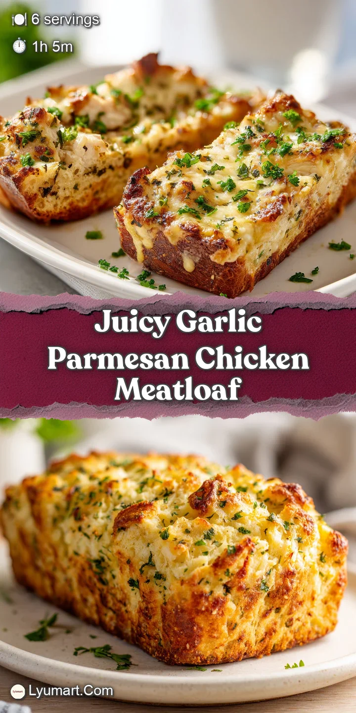Close-up of glistening, garlic-infused meatloaf with crispy, golden edges. Flecks of parmesan add a rich, cheesy appeal.