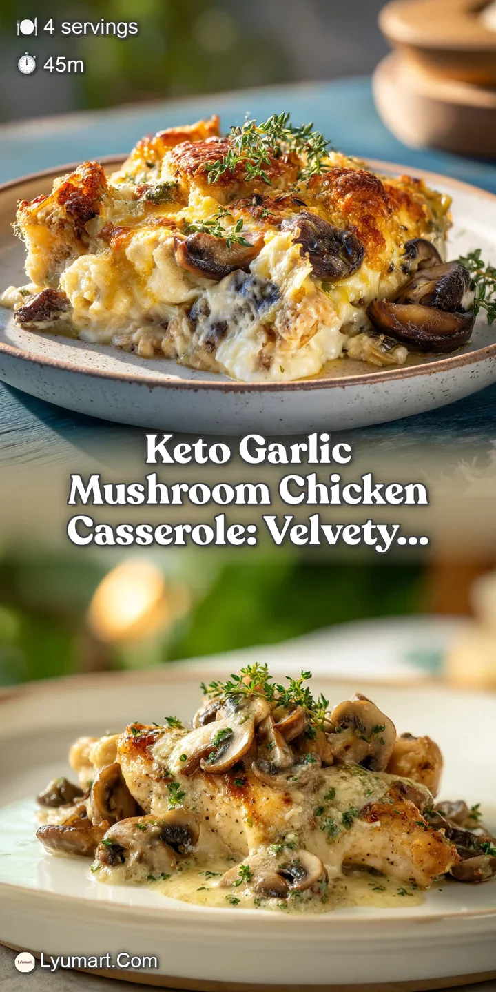 Close-up of glistening, saucy mushroom and chicken casserole, hinting at savory garlic and herbs. So appetizing!