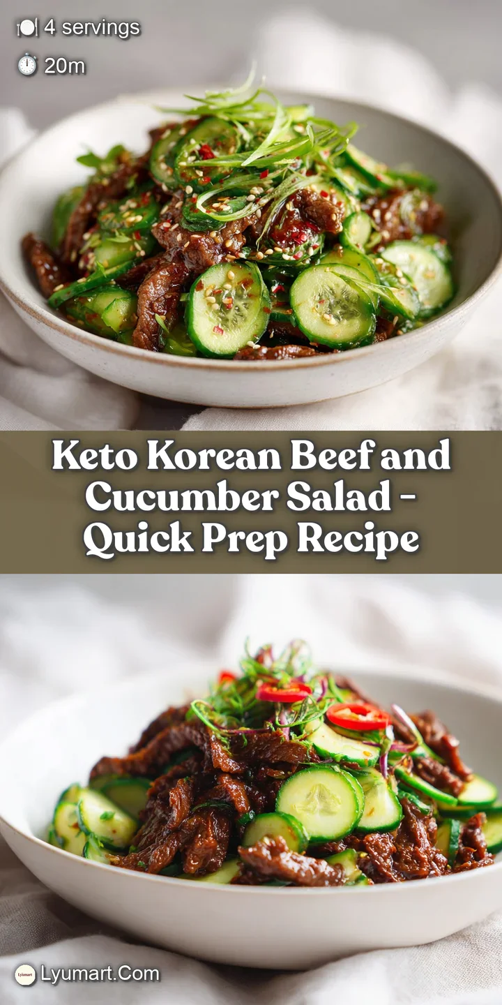 Close-up of glistening Korean beef with sliced cucumber, glistening with sauce and topped with sesame seeds, offering a bu...