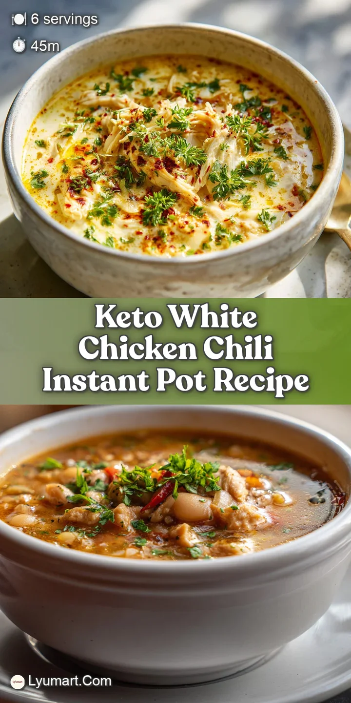 Close-up of delicious white chicken chili, showcasing the tender shredded chicken and creamy broth. Specks of chili add vi...