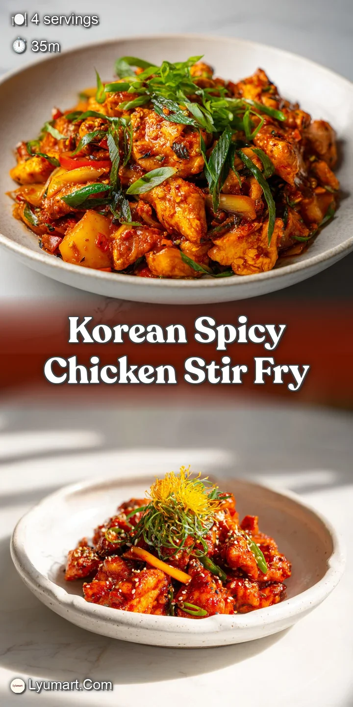 Close-up of glistening, spicy Korean chicken stir-fry showcasing tender chicken and vibrant vegetables, capturing the steam.