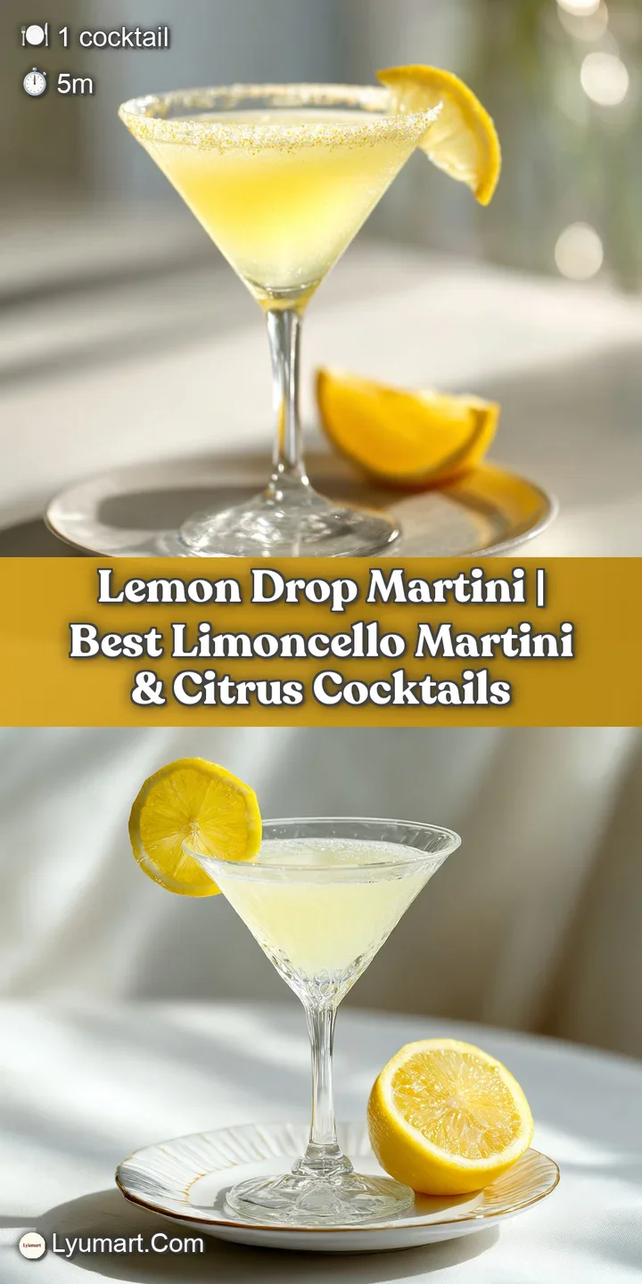 Close-up of a vibrant lemon drop martini with glistening condensation and zest