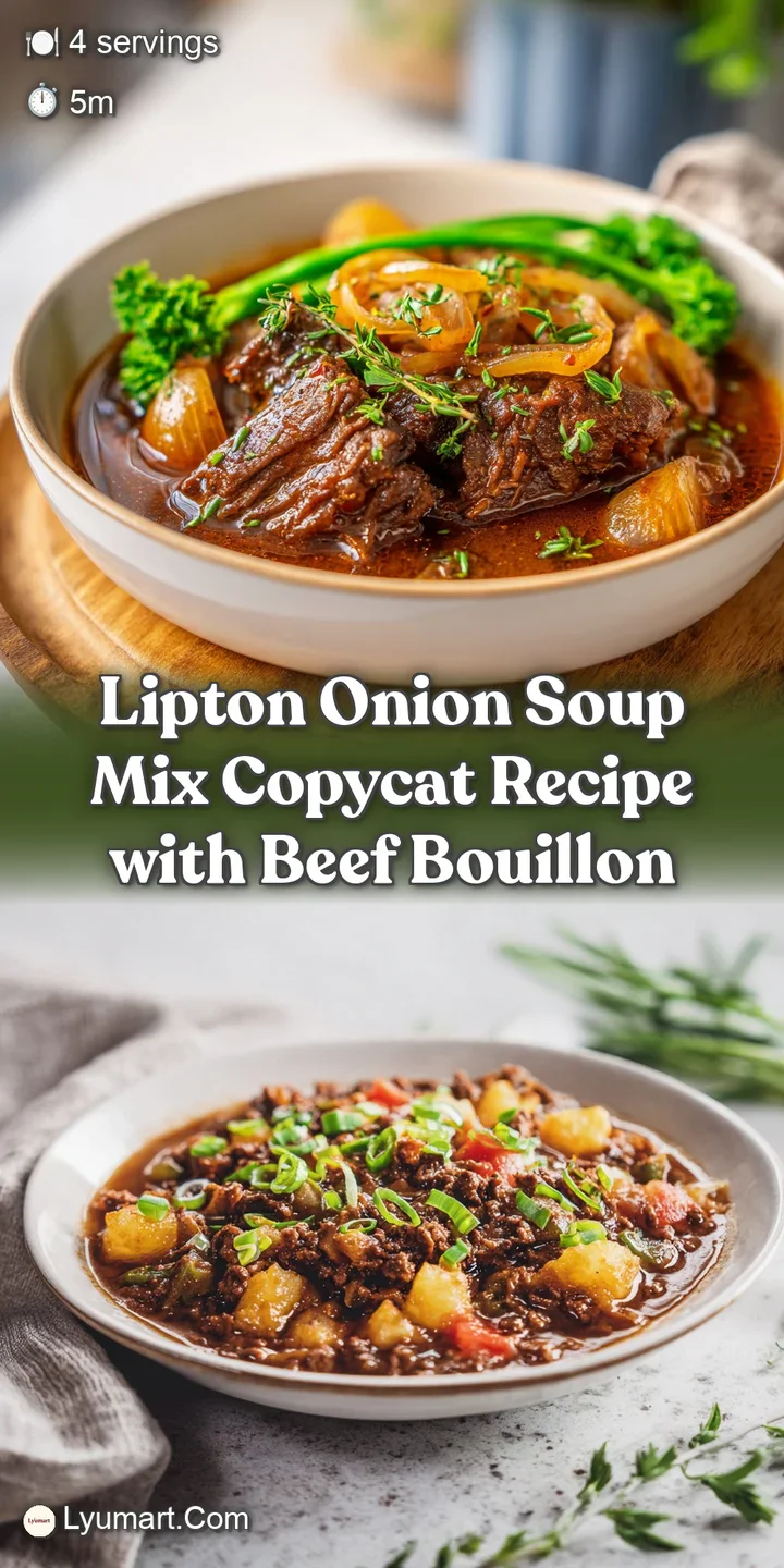 Close-up reveals a rich, golden brown dry onion soup mix. Notice the delicate dried herbs scattered throughout the mixture.