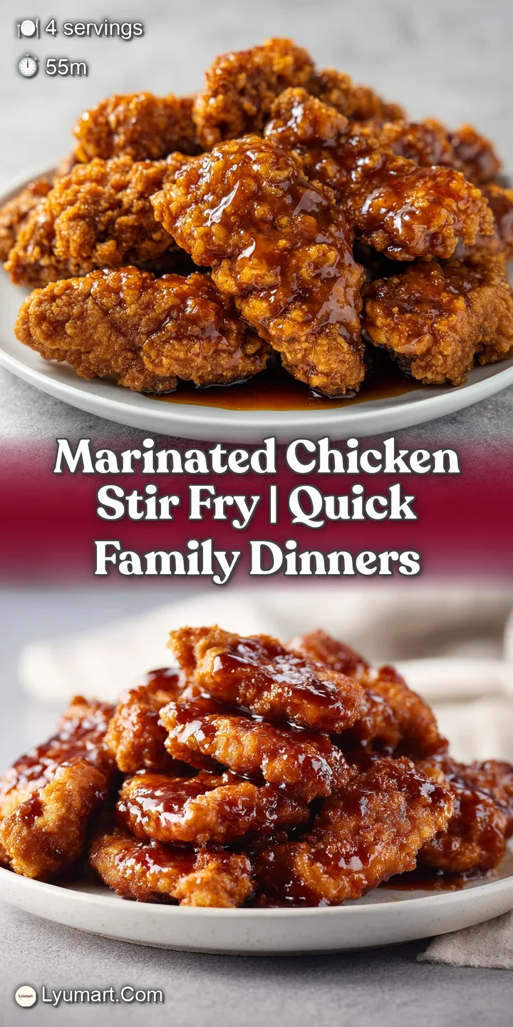 Extreme close-up of glistening, caramelized chicken chunks and tender snap peas coated in a rich, savory amber glaze.