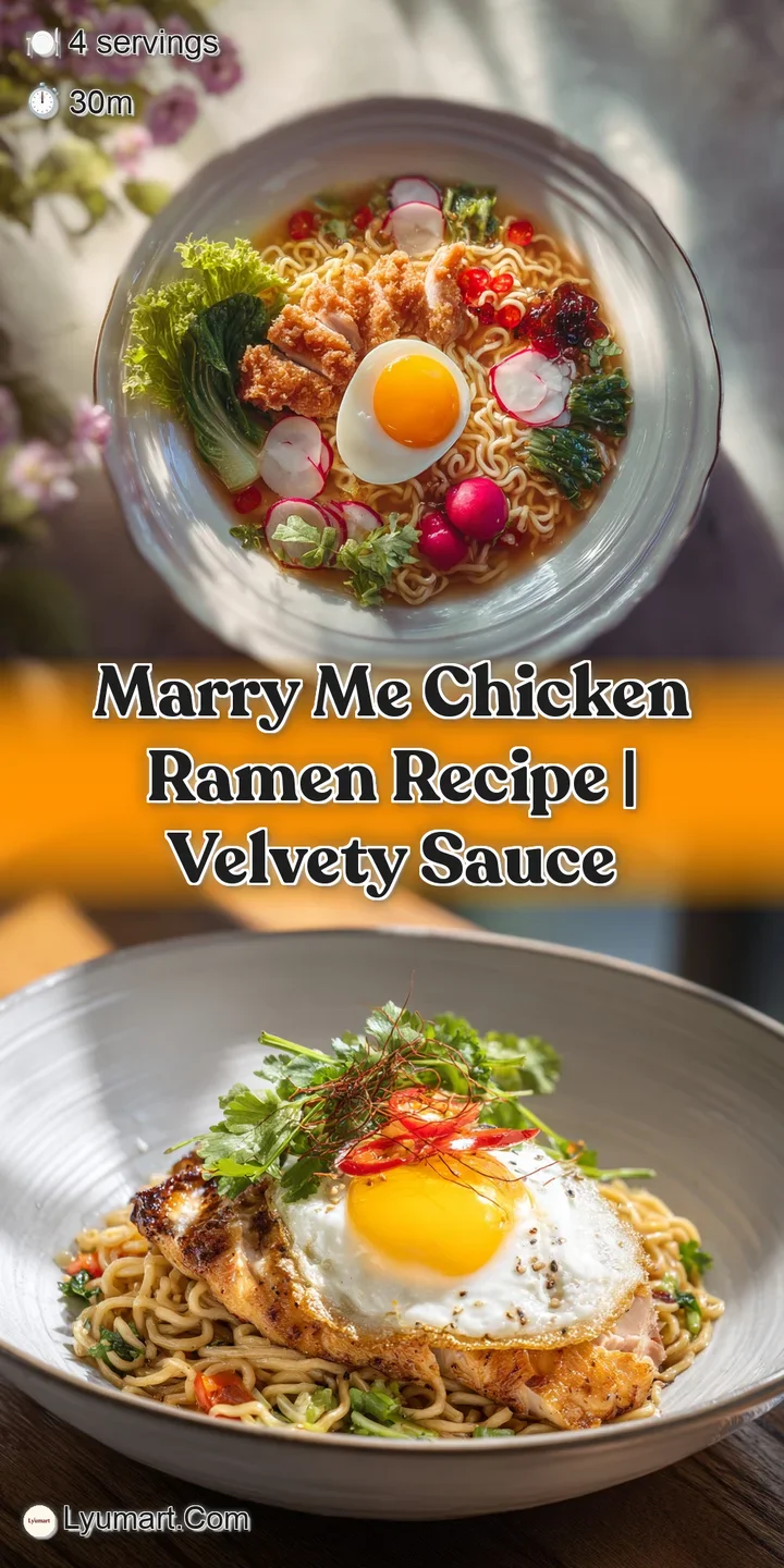 Close-up of creamy ramen noodles coated in savory sauce, topped with juicy chicken and vibrant green onions. Comfort in a ...