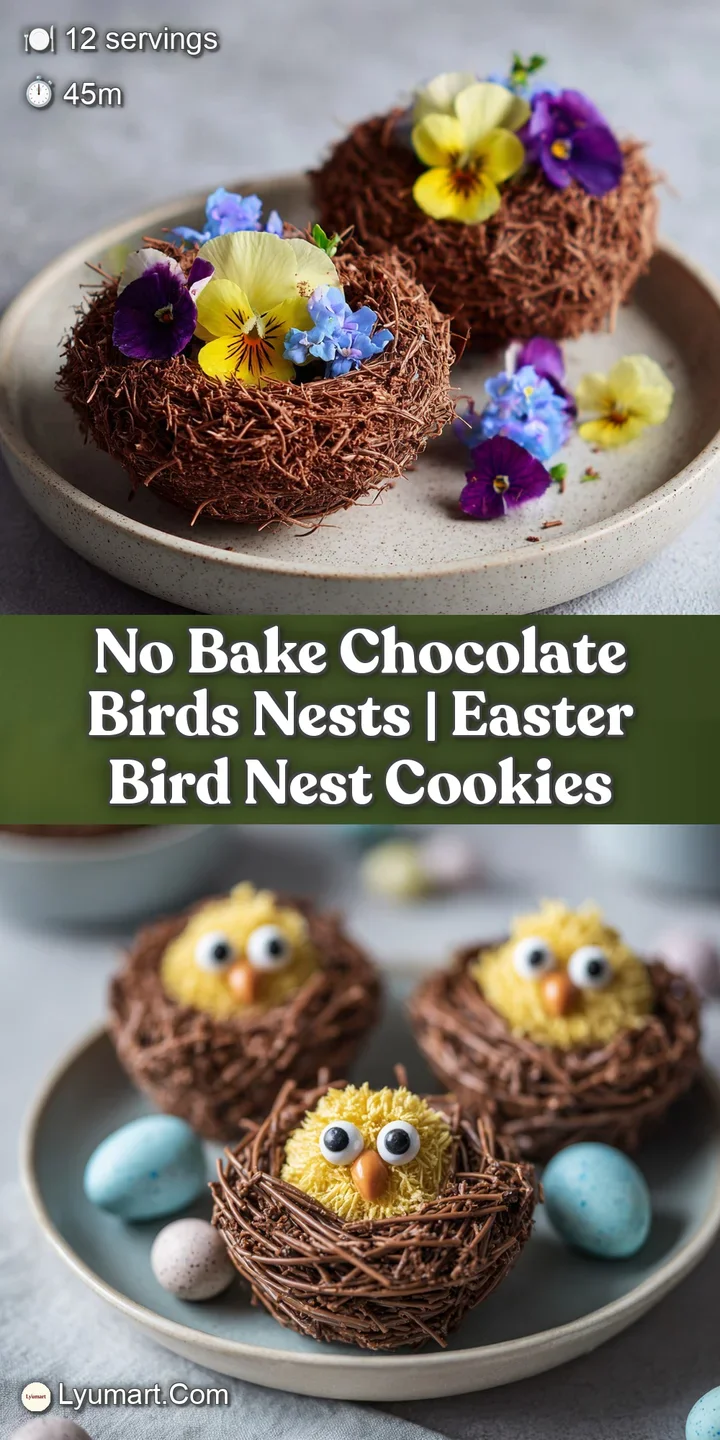 Close-up of a crispy shredded wheat nest overflowing with shiny chocolate candies and drizzled with white chocolate.