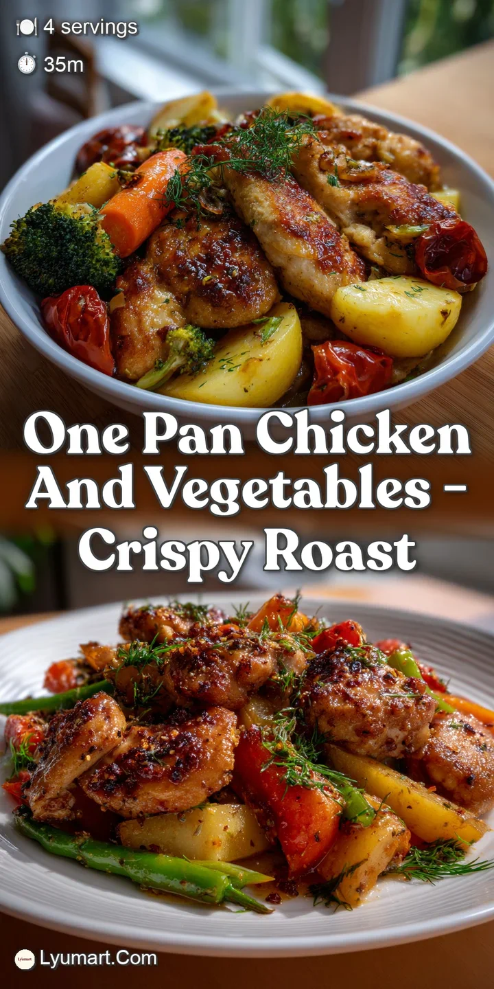 Close-up of crispy chicken skin and glistening vegetables. The steam rising off the pan hints at the hot and delicious meal.