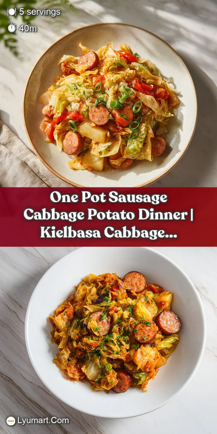 Close-up reveals the appealing textures of the dish: browned sausage, wilted cabbage, and tender potatoes, promising a hea...