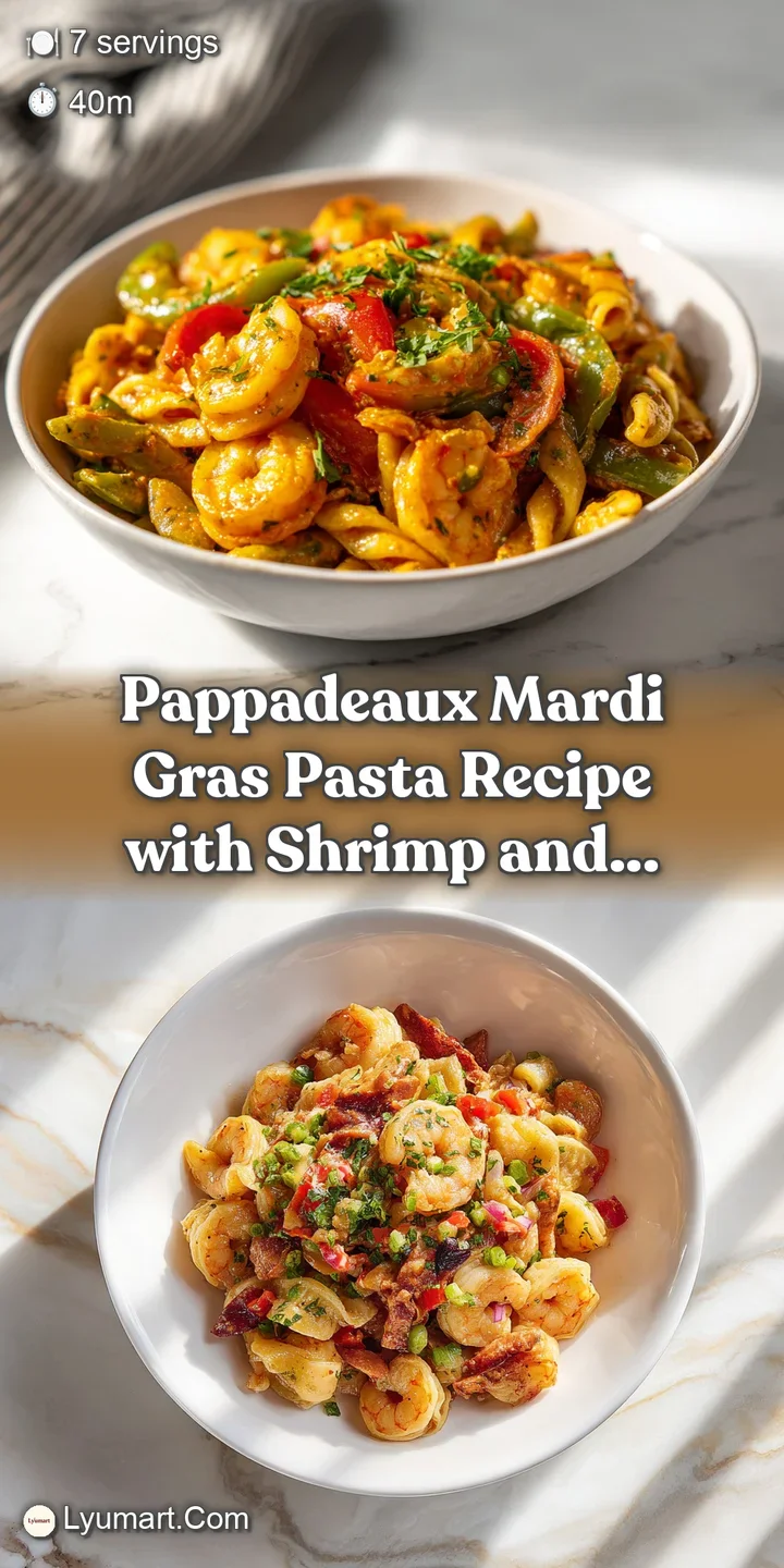 Close-up of the Mardi Gras pasta with shrimp, highlighting the creamy texture of the sauce and the vibrant colors of the i...