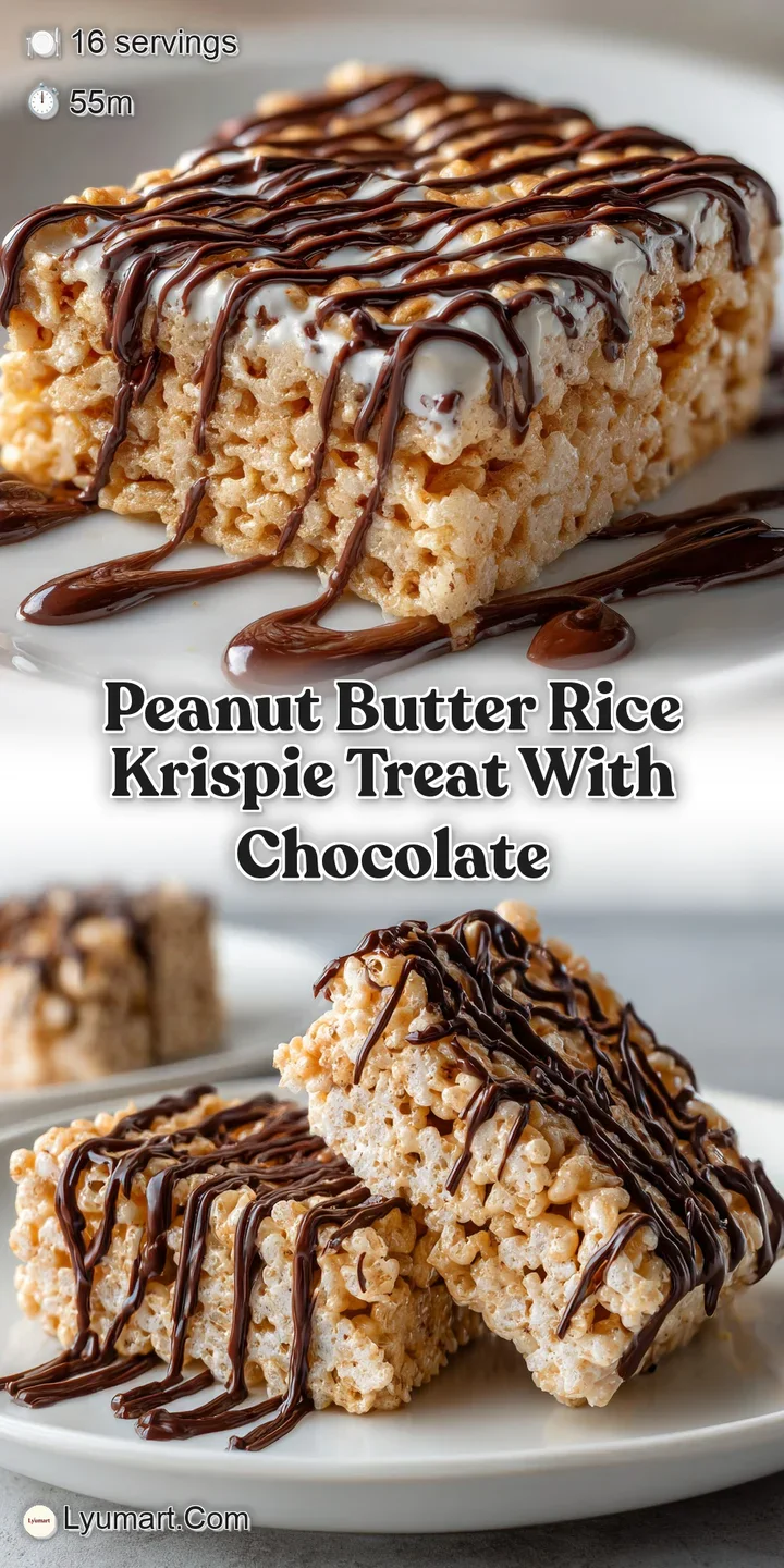 Close-up of gooey peanut butter Rice Krispie treat with melted dark chocolate, highlighting the treat's irresistible texture.