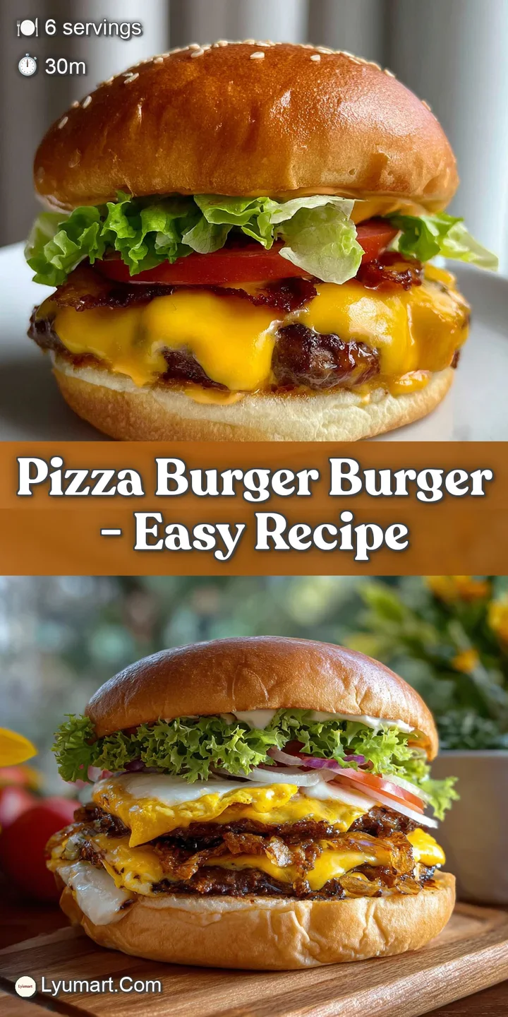 Close-up reveals a juicy burger layered with melted cheese and pizza toppings, highlighting the textures of the crust and ...