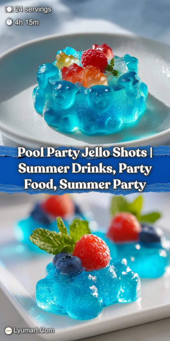 Close-up of glistening blue jello with a playful assortment of red and green gummy bears.