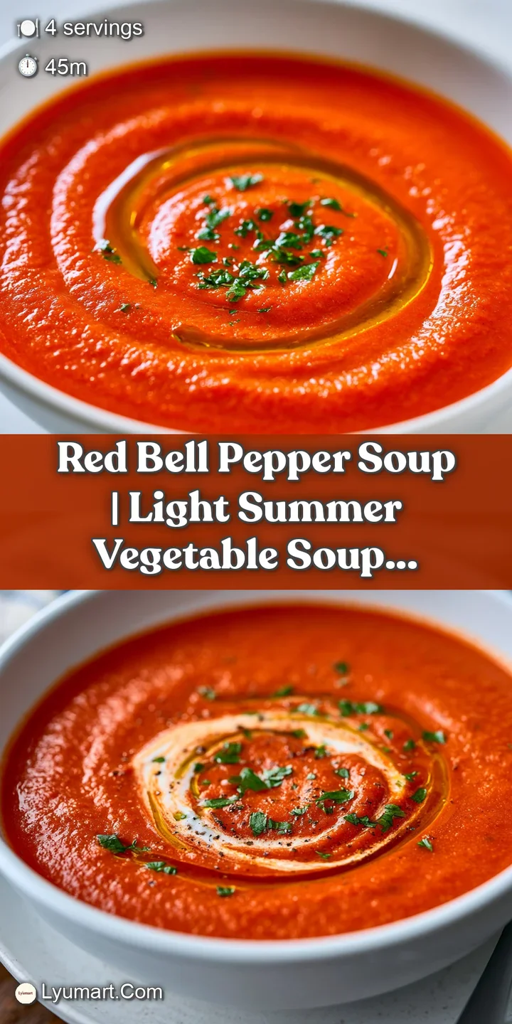 Close-up of velvety smooth orange-red soup with a thick swirl of white cream and a pinch of cracked black pepper.