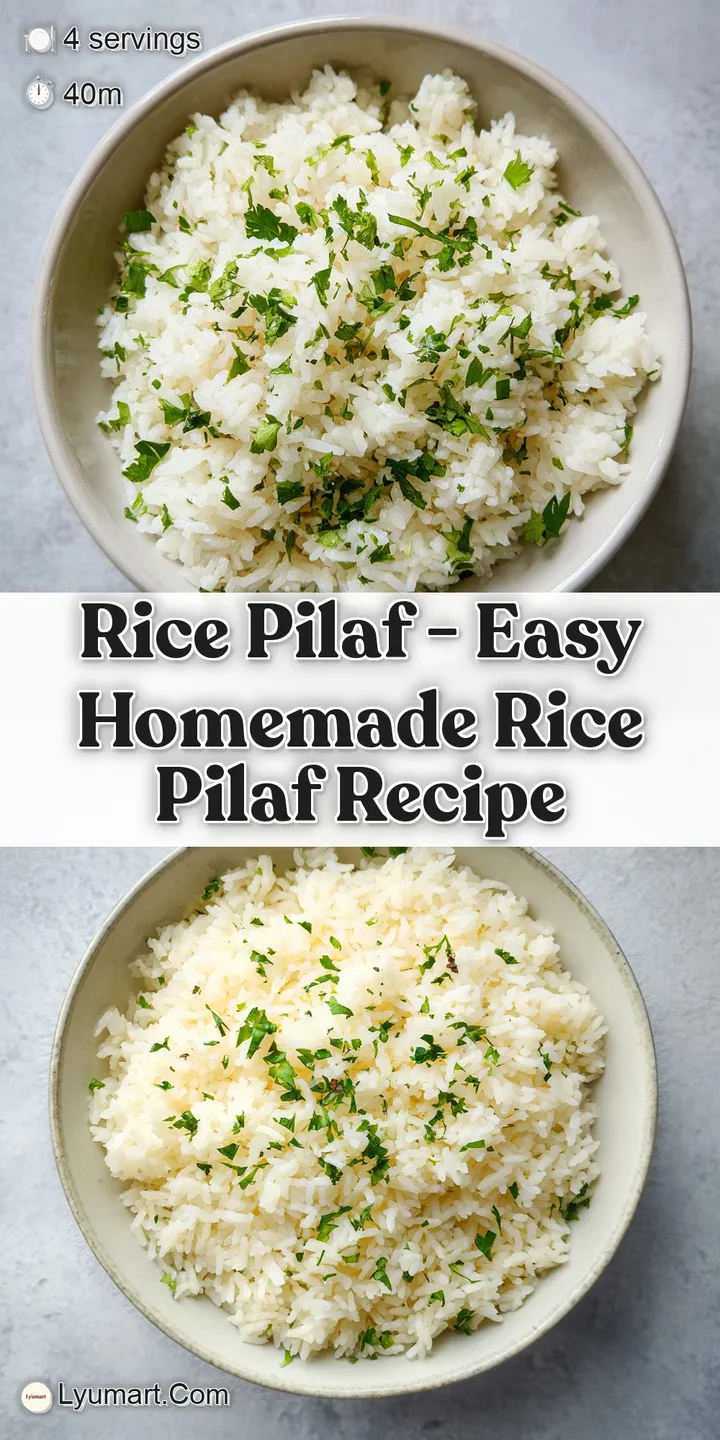 Close-up of a fork lifting a portion of glistening, fluffy rice pilaf with visible grains and subtle herb flecks.