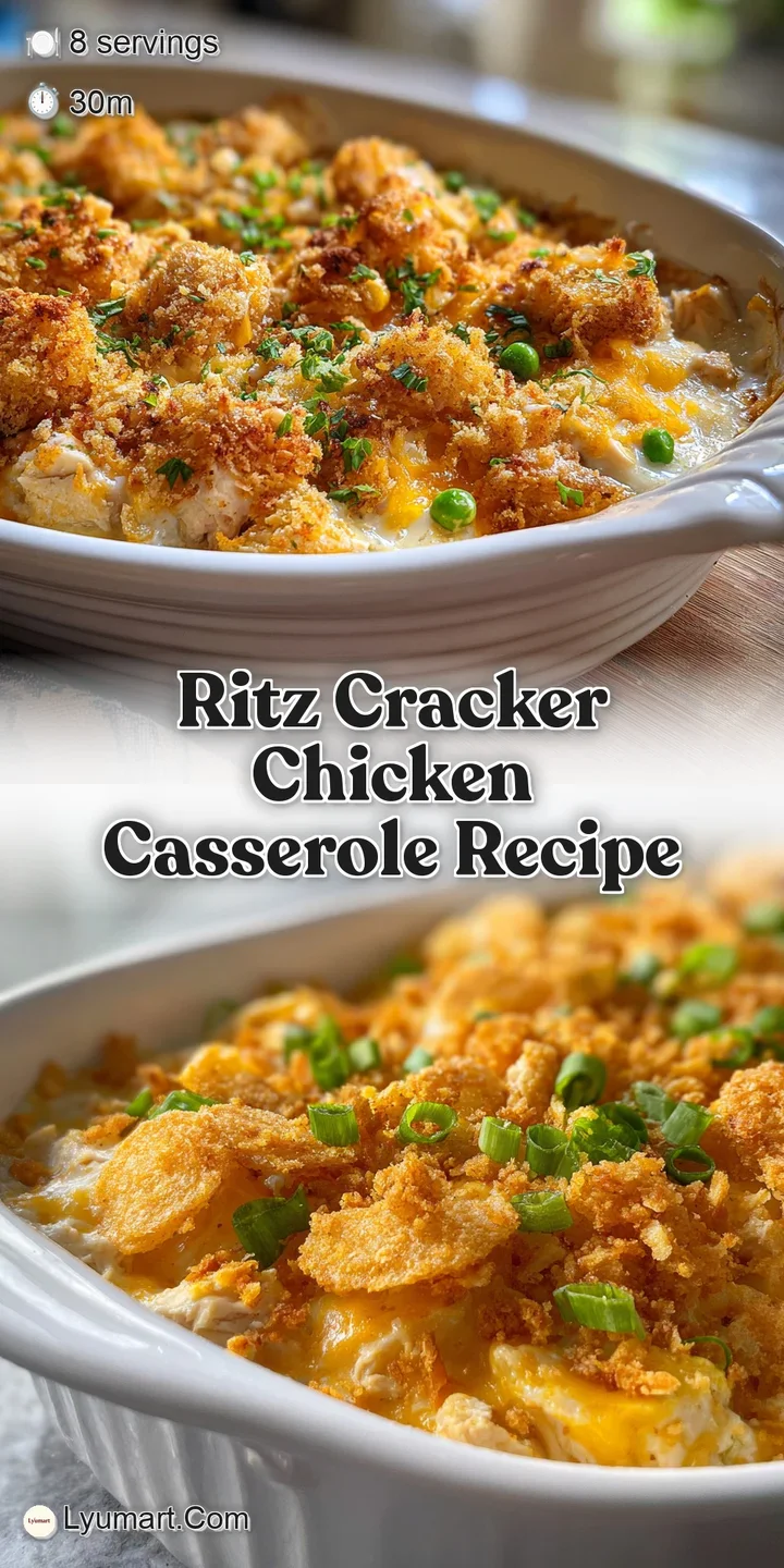 Close-up shows the bubbly, golden, buttery Ritz cracker crust of chicken casserole, revealing the creamy chicken filling u...