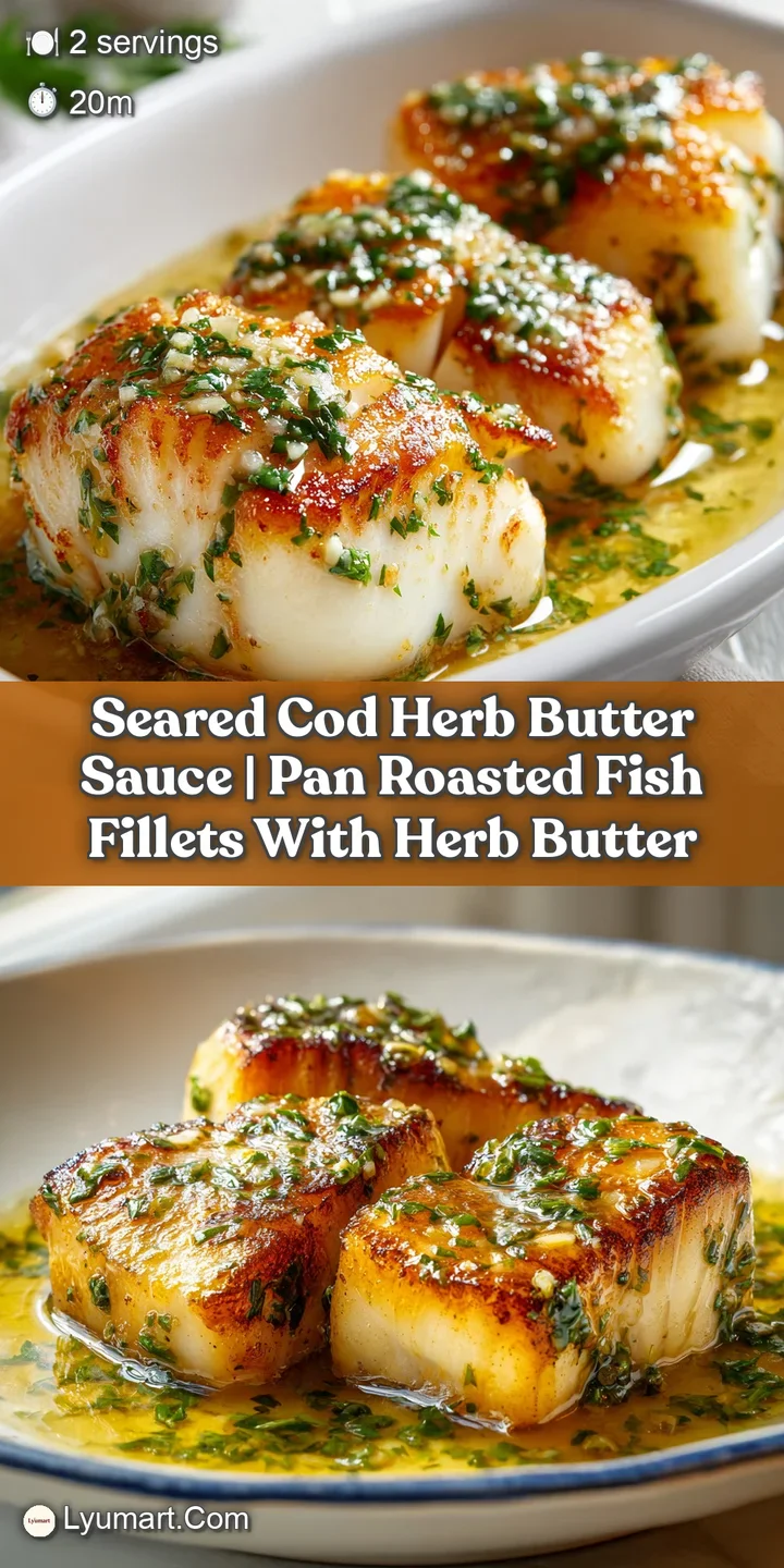Appetizing close-up of a flaky white fish fillet with a caramelized crust and melting, glossy herb butter.