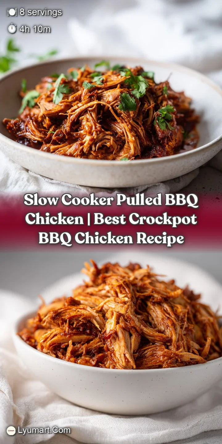 Close-up of juicy pulled chicken, rich with BBQ sauce, showing moist, tender shreds against a dark background.