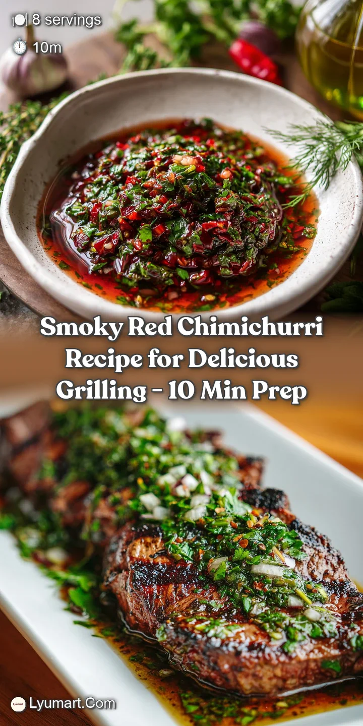 Close-up of coarse-chopped, vibrant red chimichurri, glistening with oil, herbs, and spices, hinting at smoky, tangy flavor.