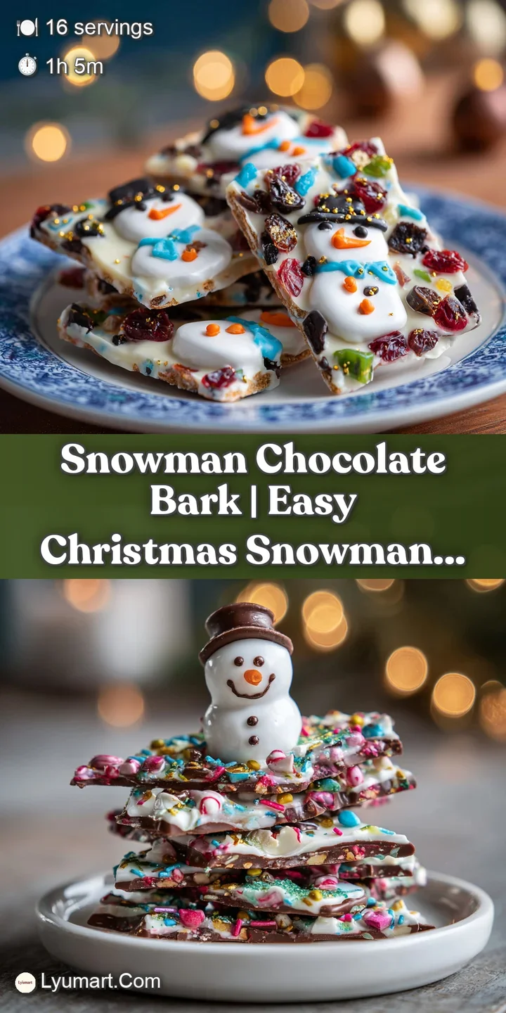 Close-up of a glistening white chocolate snowman bark with dark chocolate chip eyes and buttons, showing a smooth texture.
