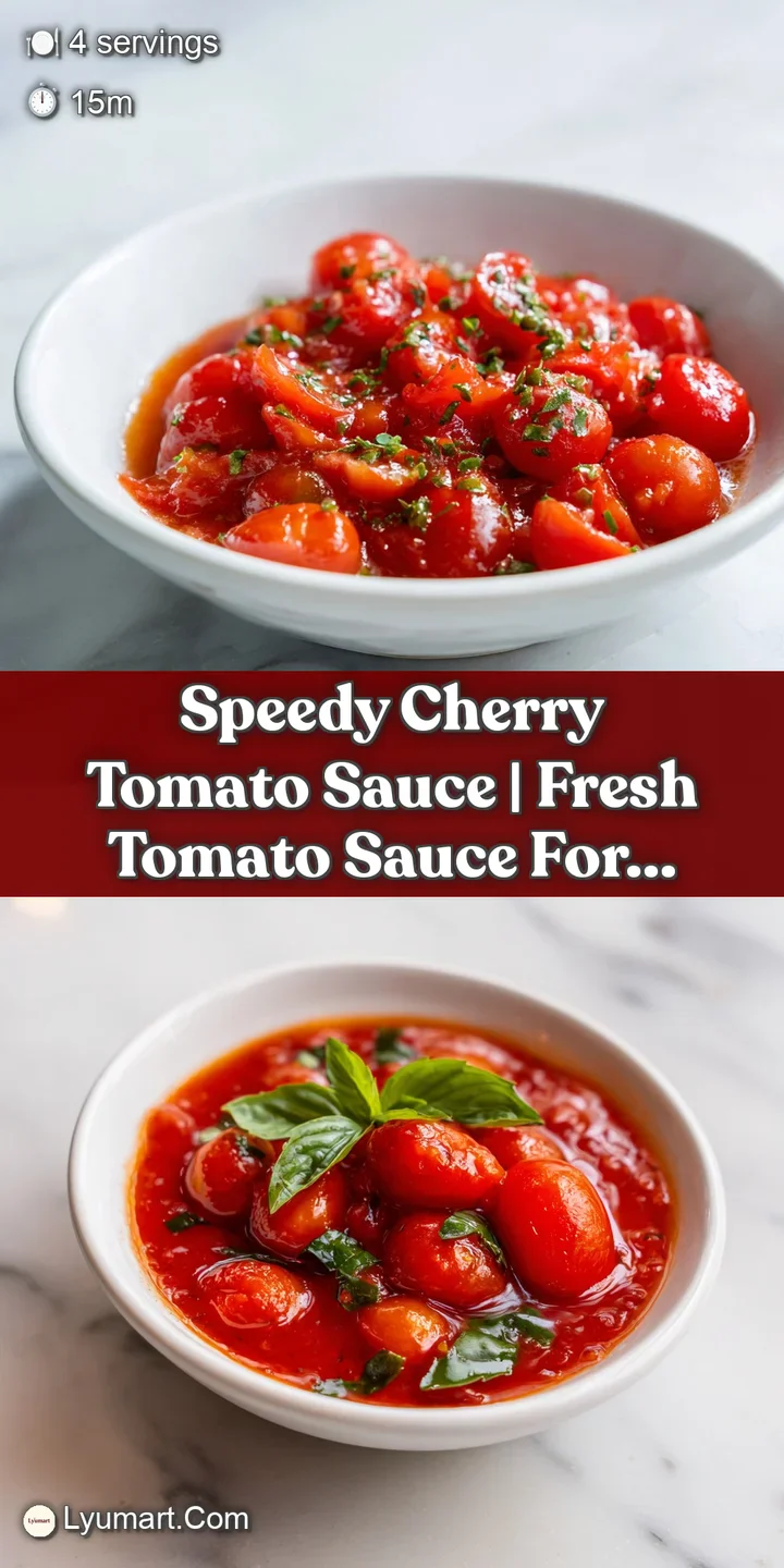 Close-up reveals the rich texture of the cherry tomato sauce, clinging beautifully to the pasta strands; a truly tempting ...
