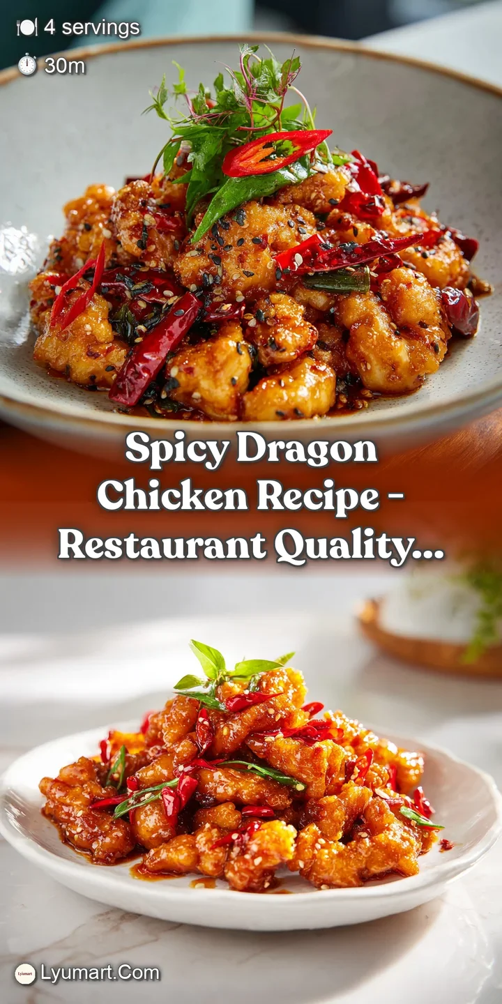 Close-up captures the juicy, caramelized glaze of dragon chicken, dotted with sesame seeds and hints of chili heat. Textur...