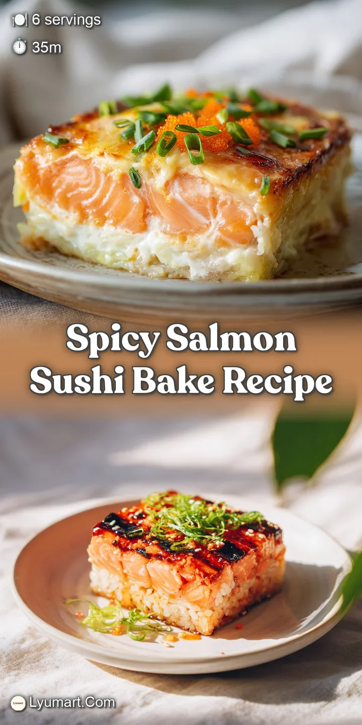 Close-up of a salmon sushi bake showing flaky fish, creamy sauce, & toasted rice. Spicy, savory, and satisfying texture.