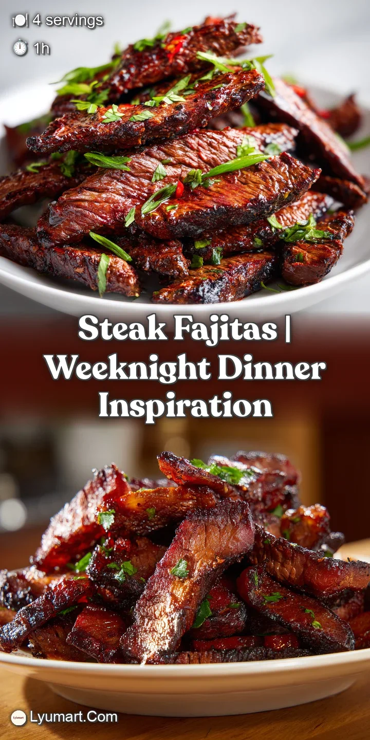 Close-up of glistening, charred beef strips and tender saut&eacute;ed peppers with a drizzle of lime juice on top.