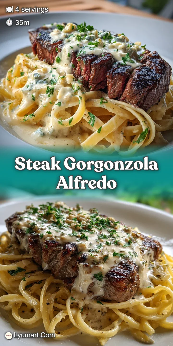 Close-up shows al dente pasta coated in rich, creamy sauce, tender steak with browned bits, and pungent gorgonzola. So del...