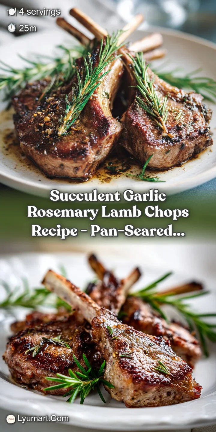Juicy, close-up of a garlic rosemary lamb chop, glistening with olive oil and cracked pepper. Hints of crispness and tende...