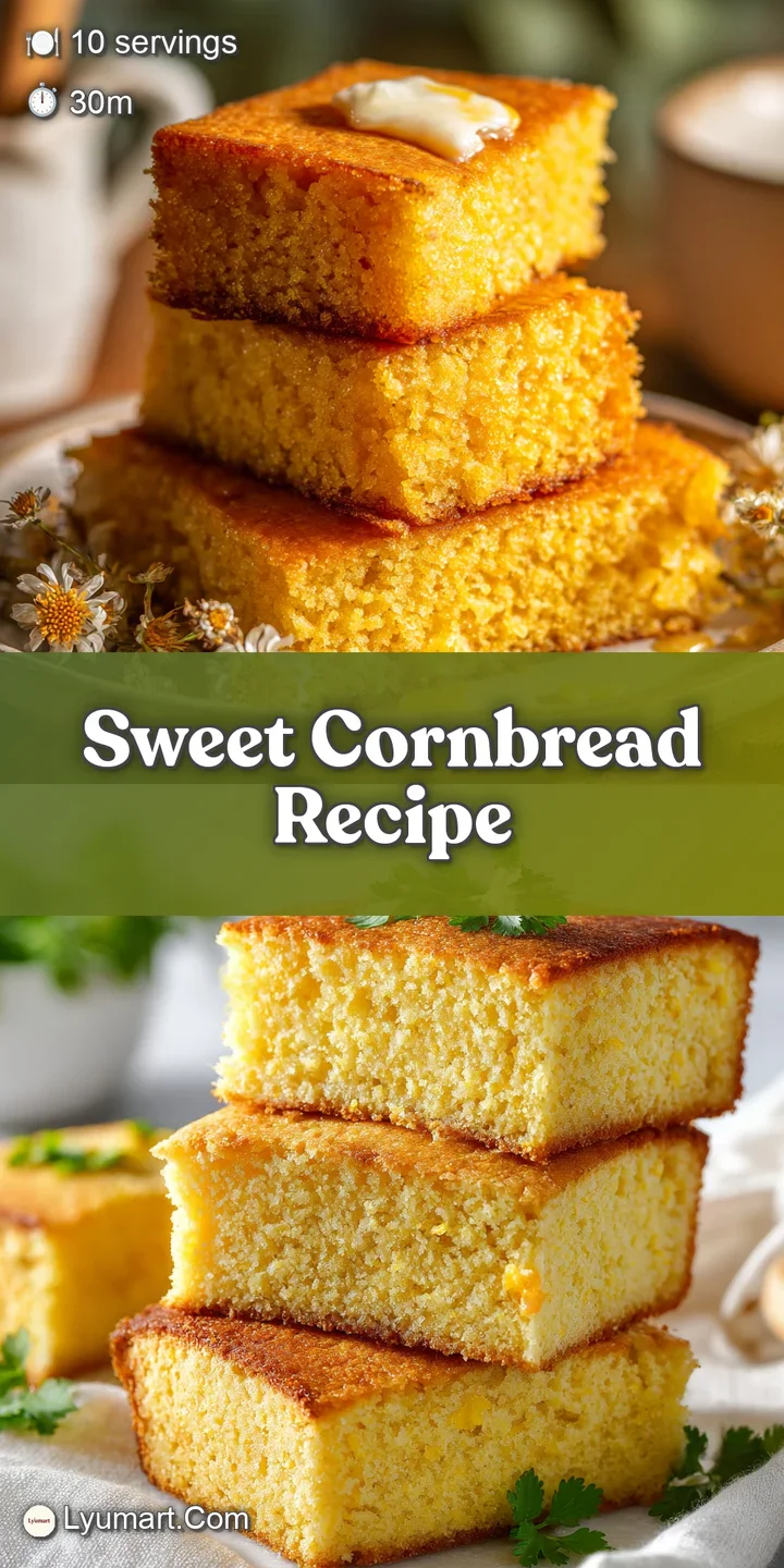 Close-up of tender cornbread reveals a moist, airy texture. Hints of golden kernels peek through the perfectly baked crust.