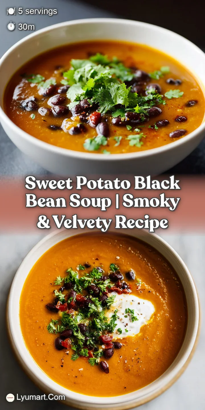 Earthy sweet potato & black bean soup with a vibrant mix of warm colors and textures, topped with fresh cilantro leaves.