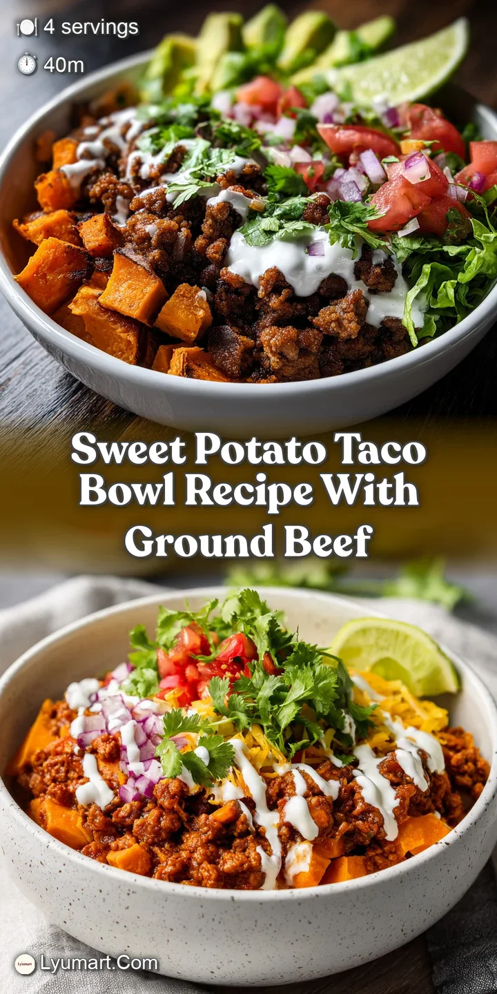 Close-up of a sweet potato taco bowl: the vibrant orange sweet potato and deep green lettuce look fresh and appetizing.