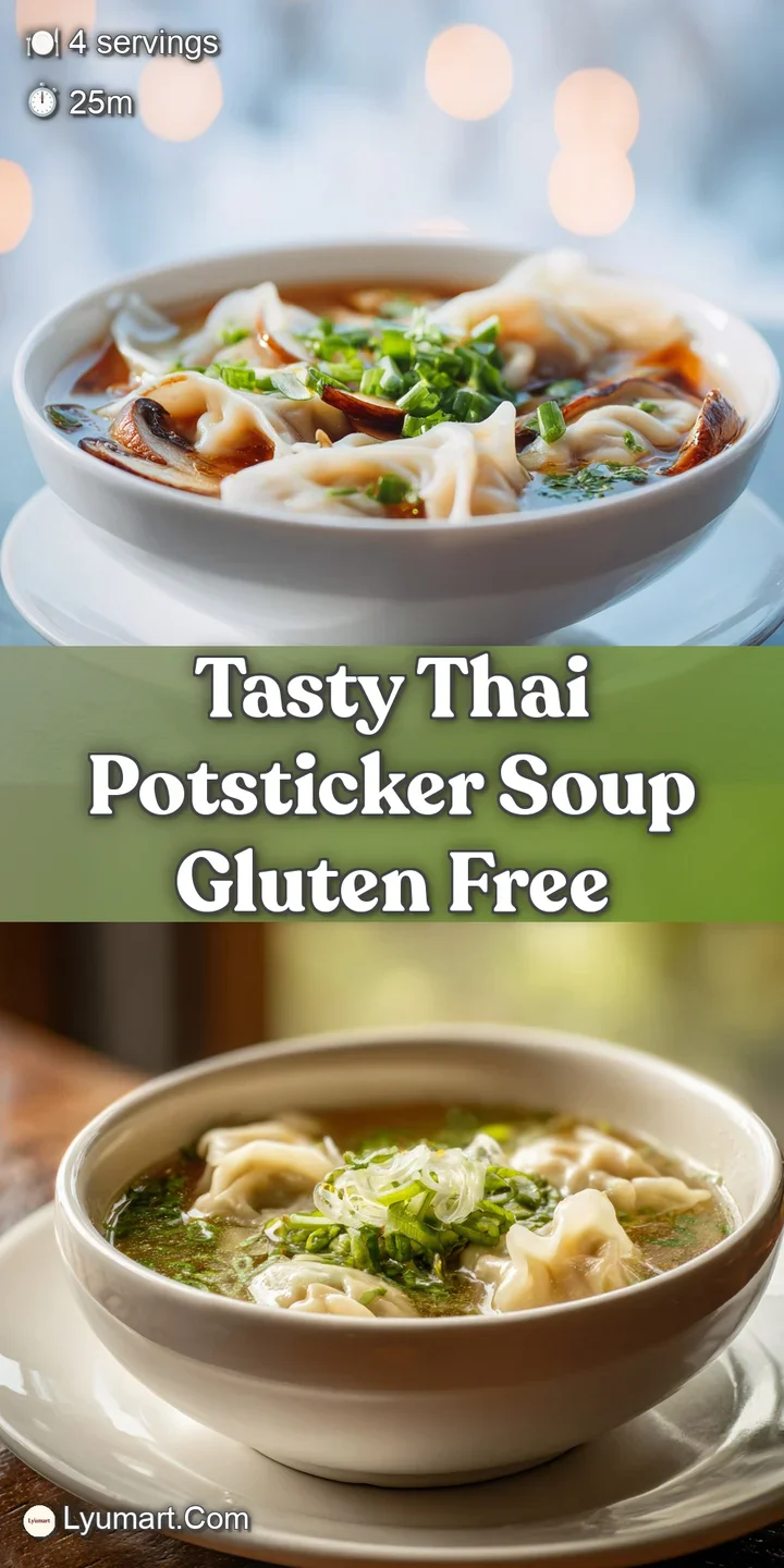 Close-up of a savory potsticker in a steaming, golden broth. Notice the textured dumpling skin and vibrant herbs floating ...