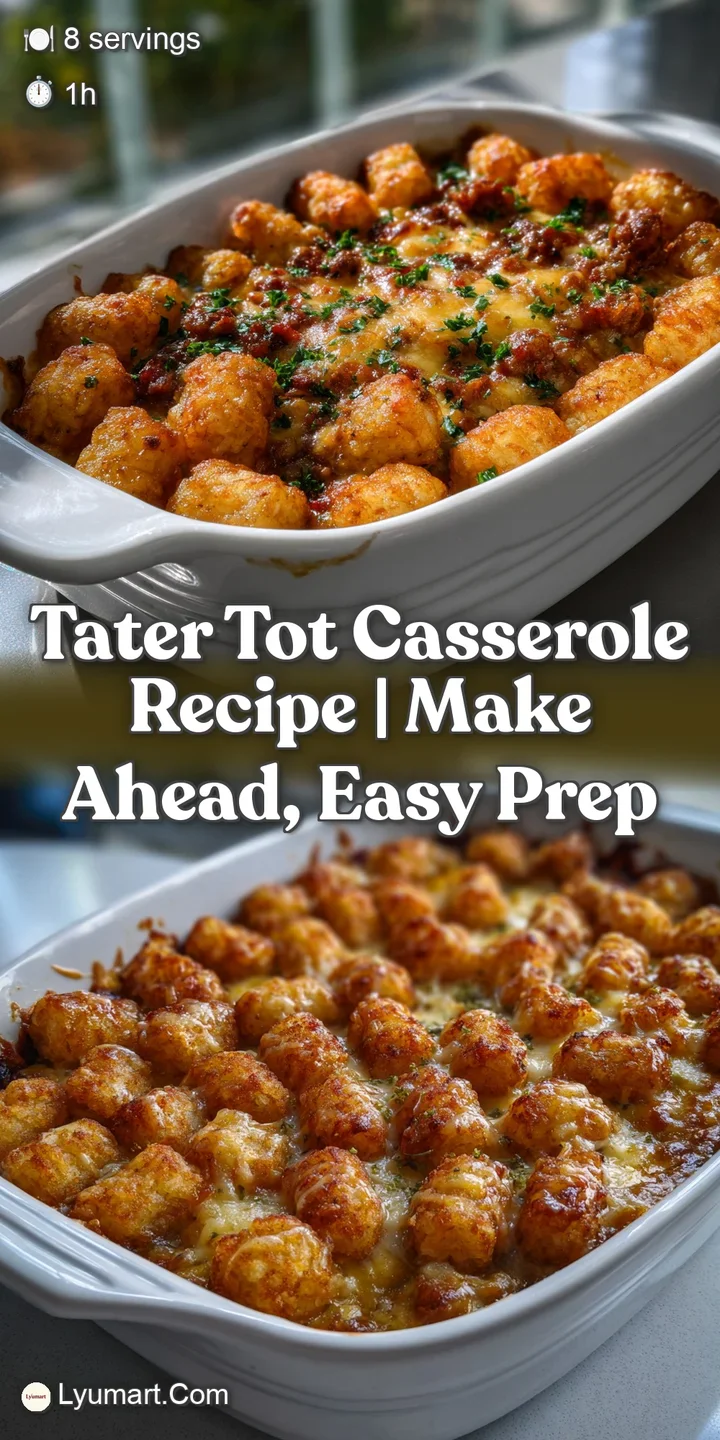 Close-up of a forkful: the creamy meat filling contrasts with the crispy tater tots, steam rising from the warm, comfortin...