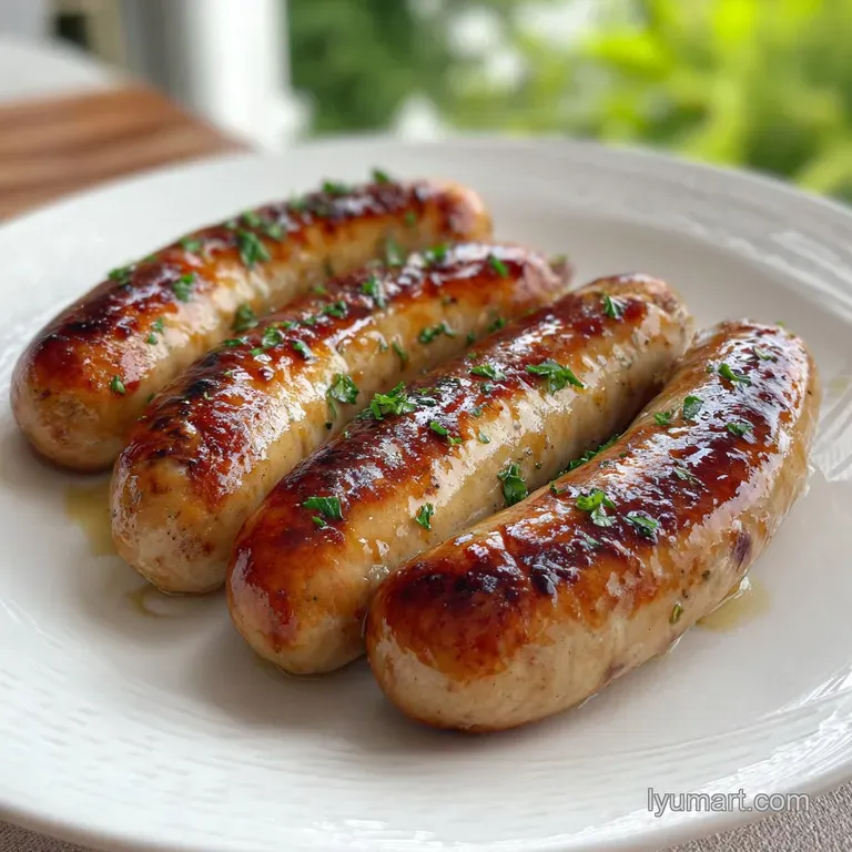 Perfectly browned bratwurst, sliced to reveal juicy interior, served on a rustic wooden board with grainy mustard.