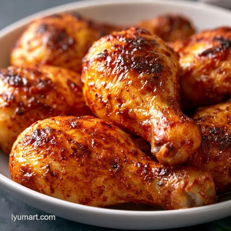 Three glistening chicken drumsticks on a slate plate, garnished with a sprig of fresh parsley and lemon wedges.