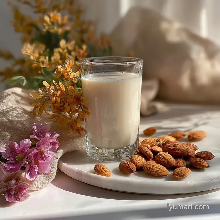 Frothy almond milk cascading into a clear glass; light reflects on the smooth surface, almonds elegantly scattered around ...