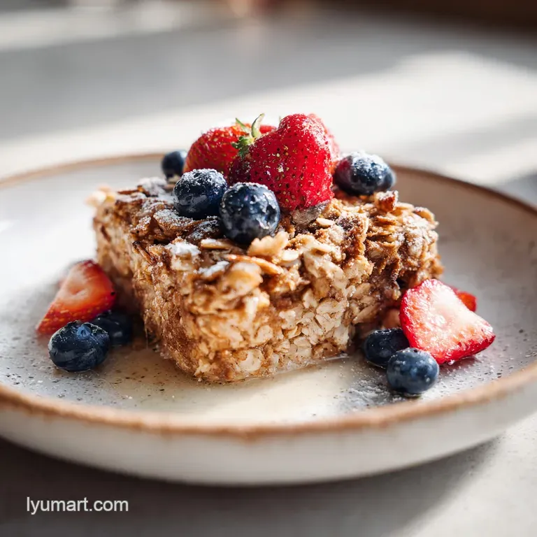 Warm slice of soft baked oatmeal on a white plate, accented with fresh raspberries and a dusting of powdered sugar.