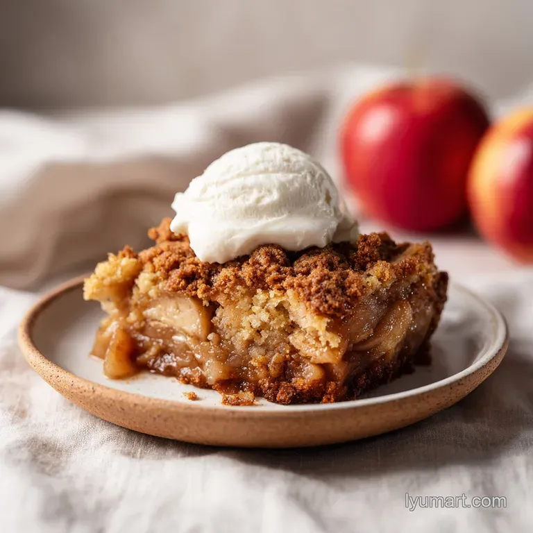 A rustic slice of spiced apple cake, glistening warm, served on a white plate with a dollop of cream.