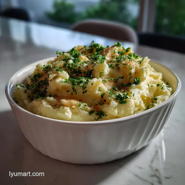 Silky mashed potatoes artfully scooped onto a plate, garnished with a swirl of butter and a sprig of fresh parsley, appeal...